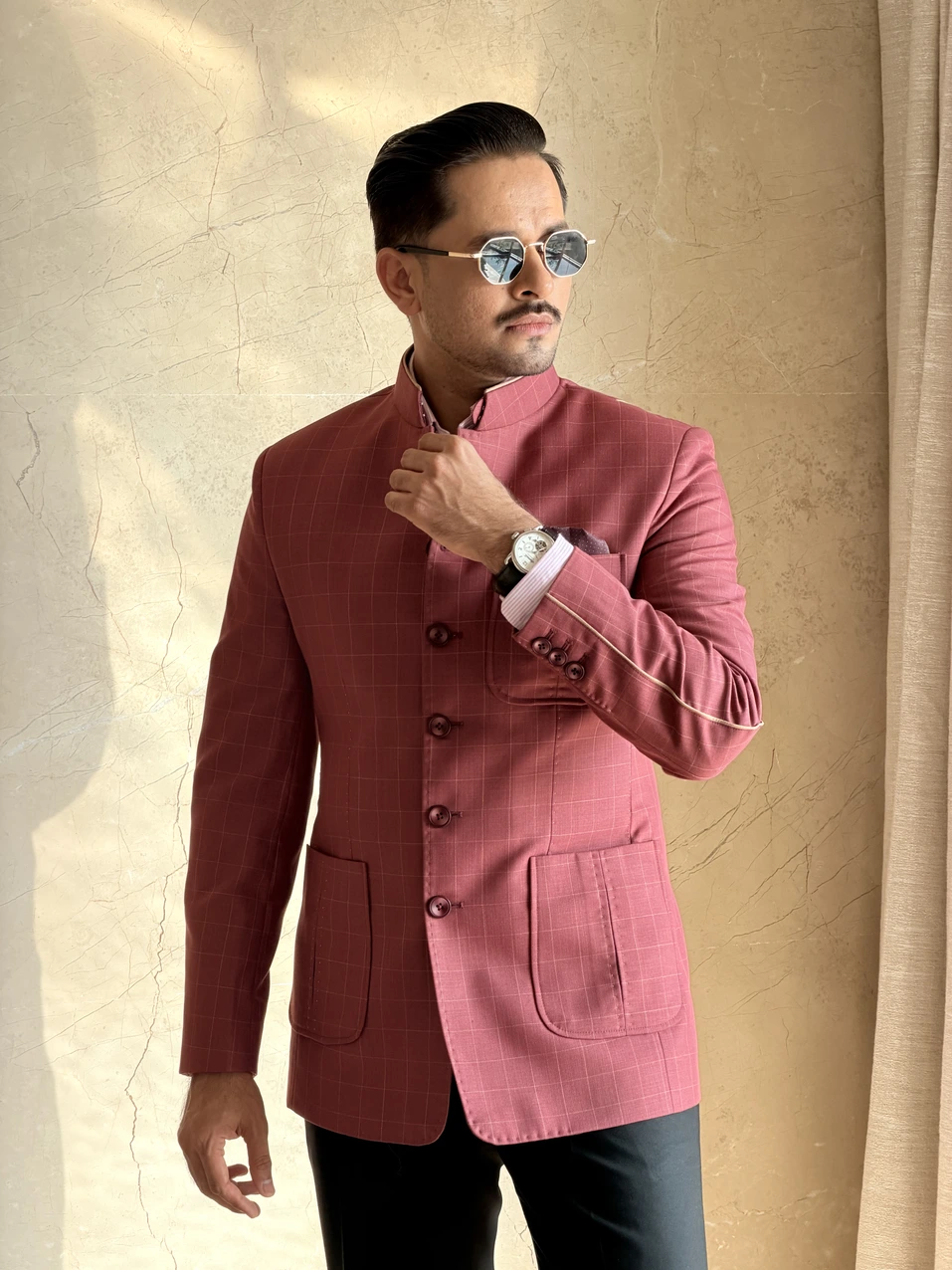 Checkered Bandhgala coat View 1