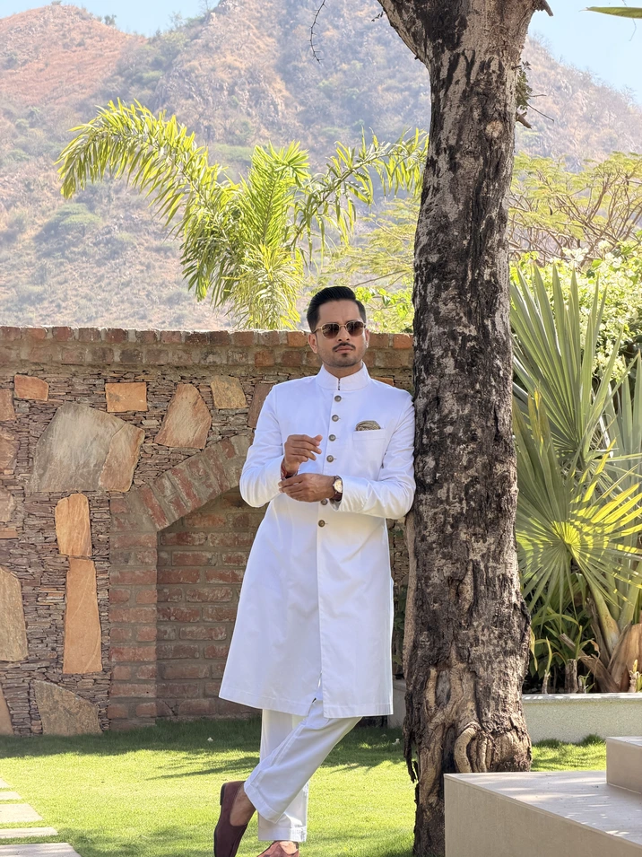 Crème Twill Cotton Handcrafted Achkan View 1