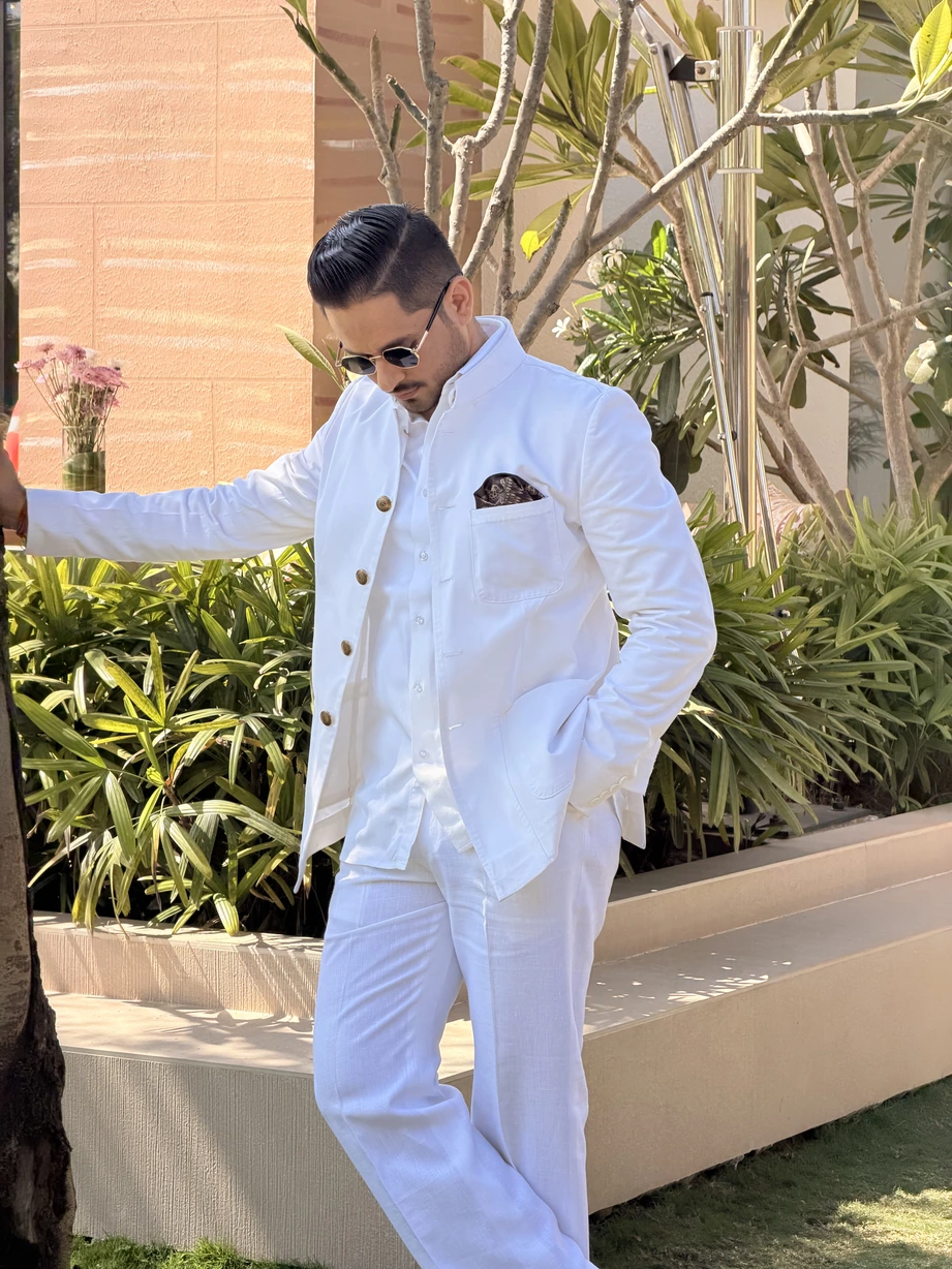 Handcrafted white bandhgala View 1
