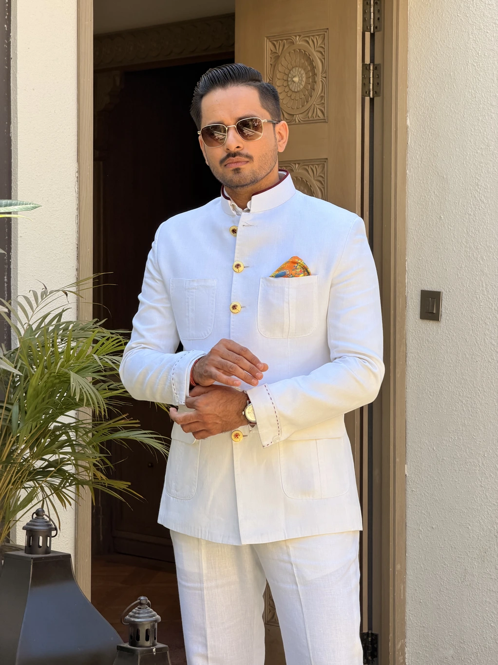 White linen bandhgala suit View 1