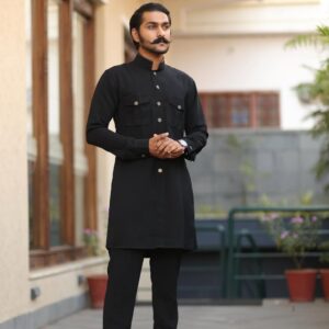 Regal Black Kurta Pajama With Leather Pipings