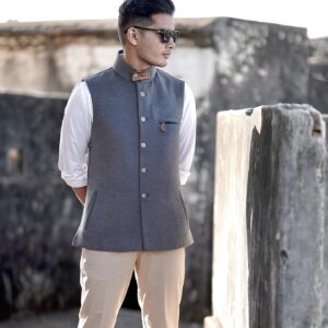 Charcoal Grey Bandhgala Half Jacket